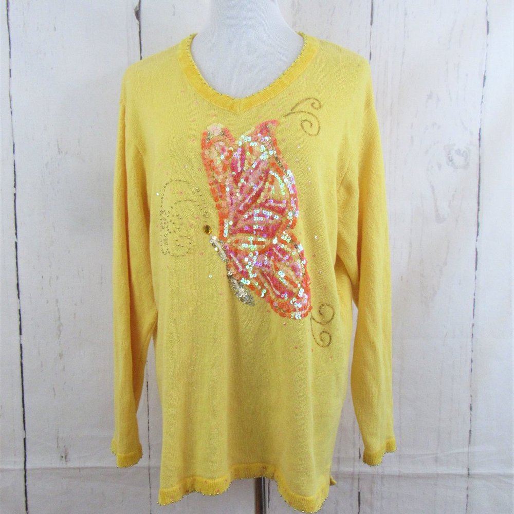 The Quacker Factory V Neck Sequined Butterfly Pullover Sweater